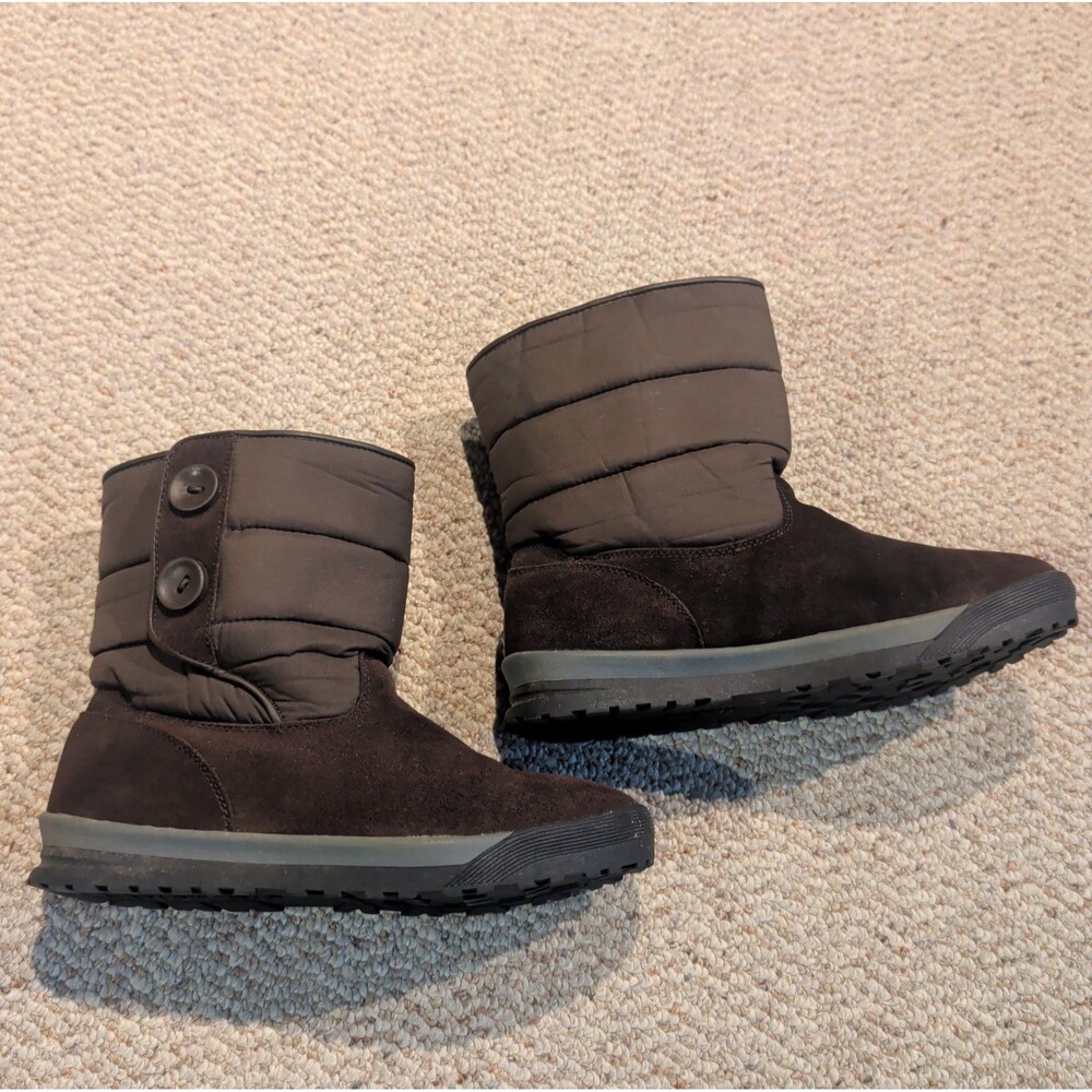 Lands End Pull On Winter Snow Boots Womens 9.5 B Brown Buttons Insulated Outdoor